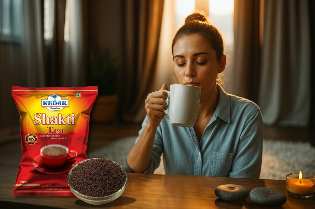 A steaming cup of Kedar Shakti Tea, its vibrant amber hue reflecting the warm glow of a softly lit kitchen. Delicate wisps of fragrant steam rise from the porcelain surface, beckoning the senses. In the foreground, a hand-carved wooden tray holds a small glass jar filled with the tea's harmonious blend of aromatic herbs and spices. Sunlight filters through lace curtains, casting a gentle, diffused light across the scene. The atmosphere is one of tranquility and wellness, inviting the viewer to savor the restorative properties of this delicious herbal remedy.
